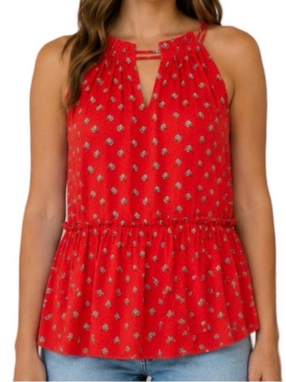 LOFT Red Floral Halter Peplum Camisole